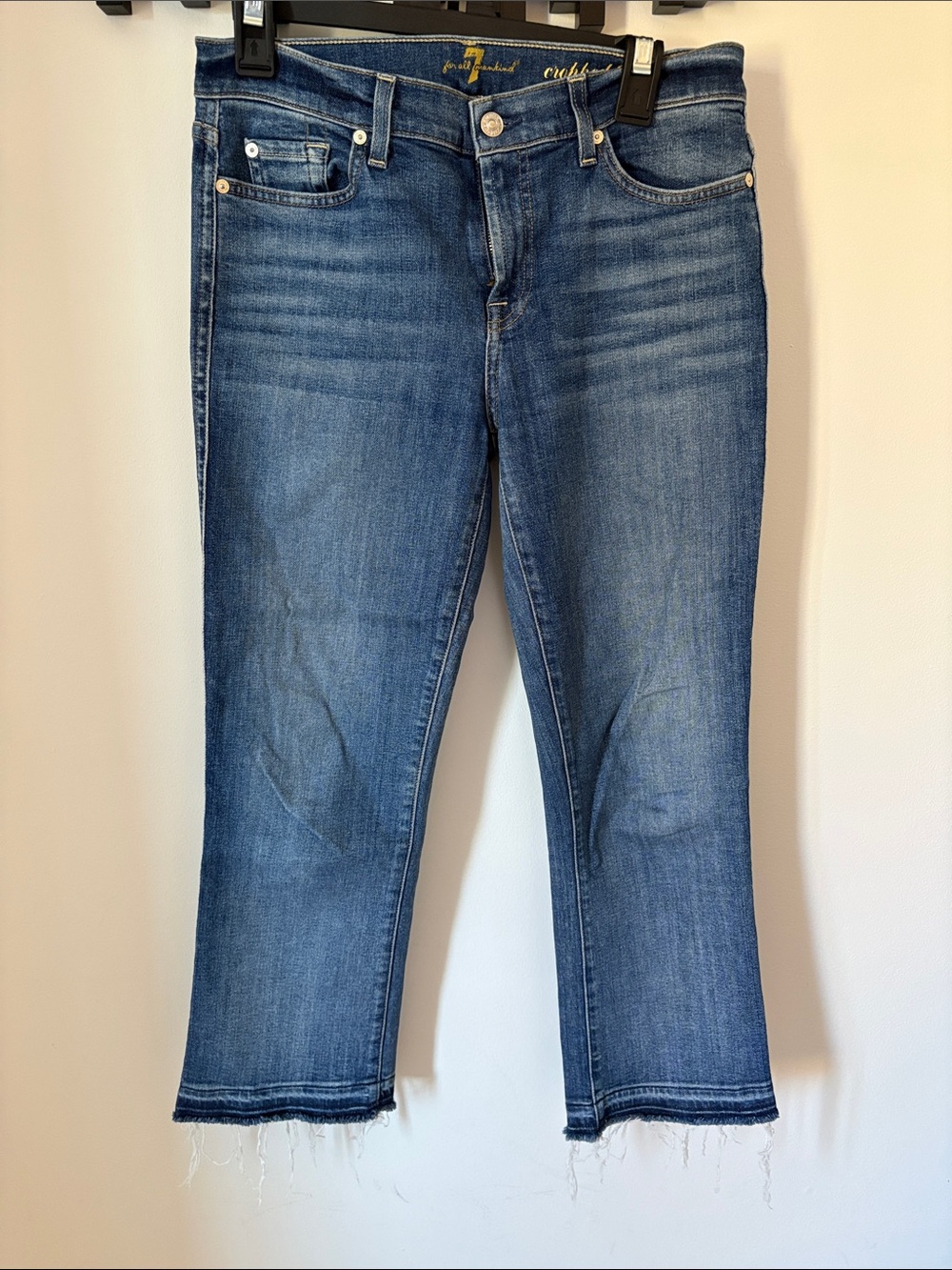 7 For All Mankind Medium Blue Cropped Jeans with Frayed Hem